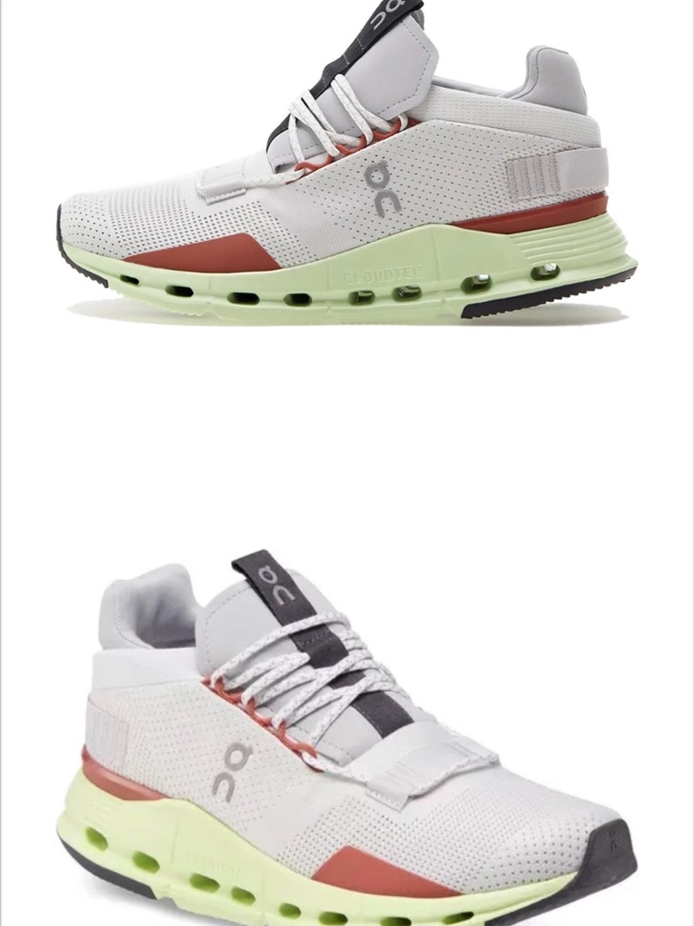 On Running Women's White, Red & Light Green Cloudnova Athletic Shoes - Picture 2 of 8